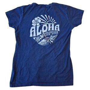 Navy Blue Aloha Hawaii Graphic T-Shirt Women Small Short Sleeve Hibiscus Island